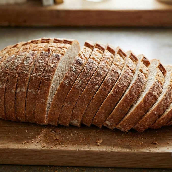 Sliced whole wheat loaf arranged on cutting board with bread knife