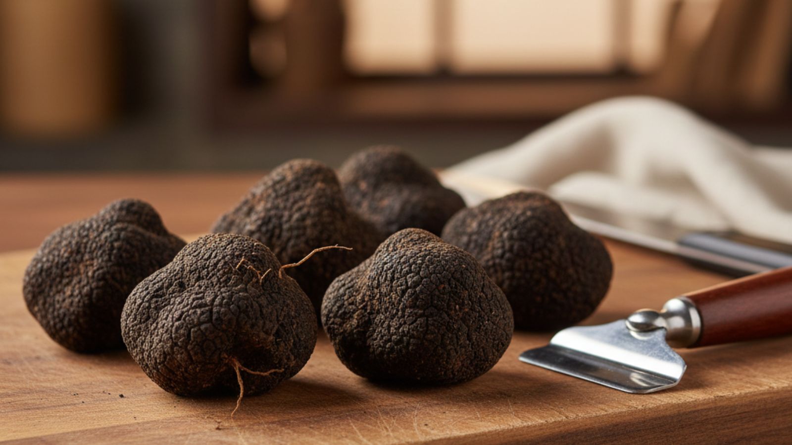 Fresh black truffles on wooden board with truffle slicer