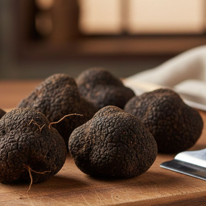 Fresh black truffles on wooden board with truffle slicer
