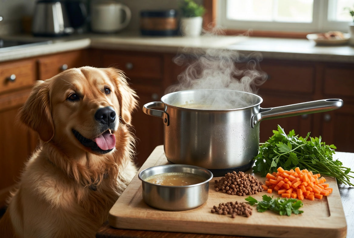 Golden retriever beside pot and bowl of steaming bone broth.