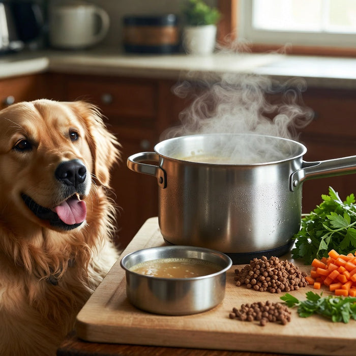 Golden retriever beside pot and bowl of steaming bone broth.
