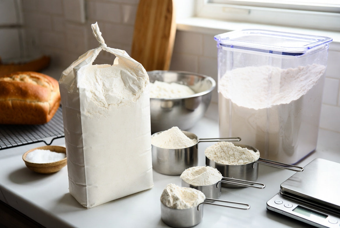 Flour bag, measuring cups, and storage container on baking counter