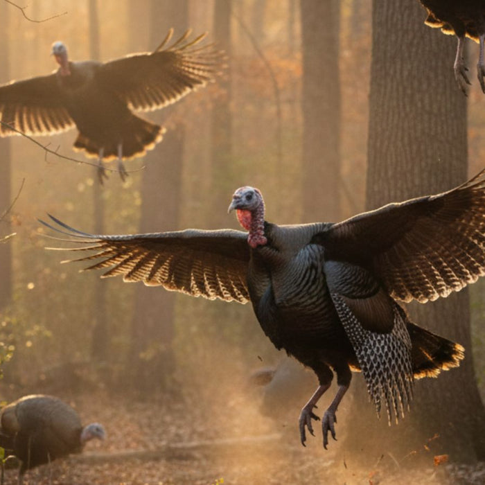 Wild turkeys flying low between trees in autumn forest