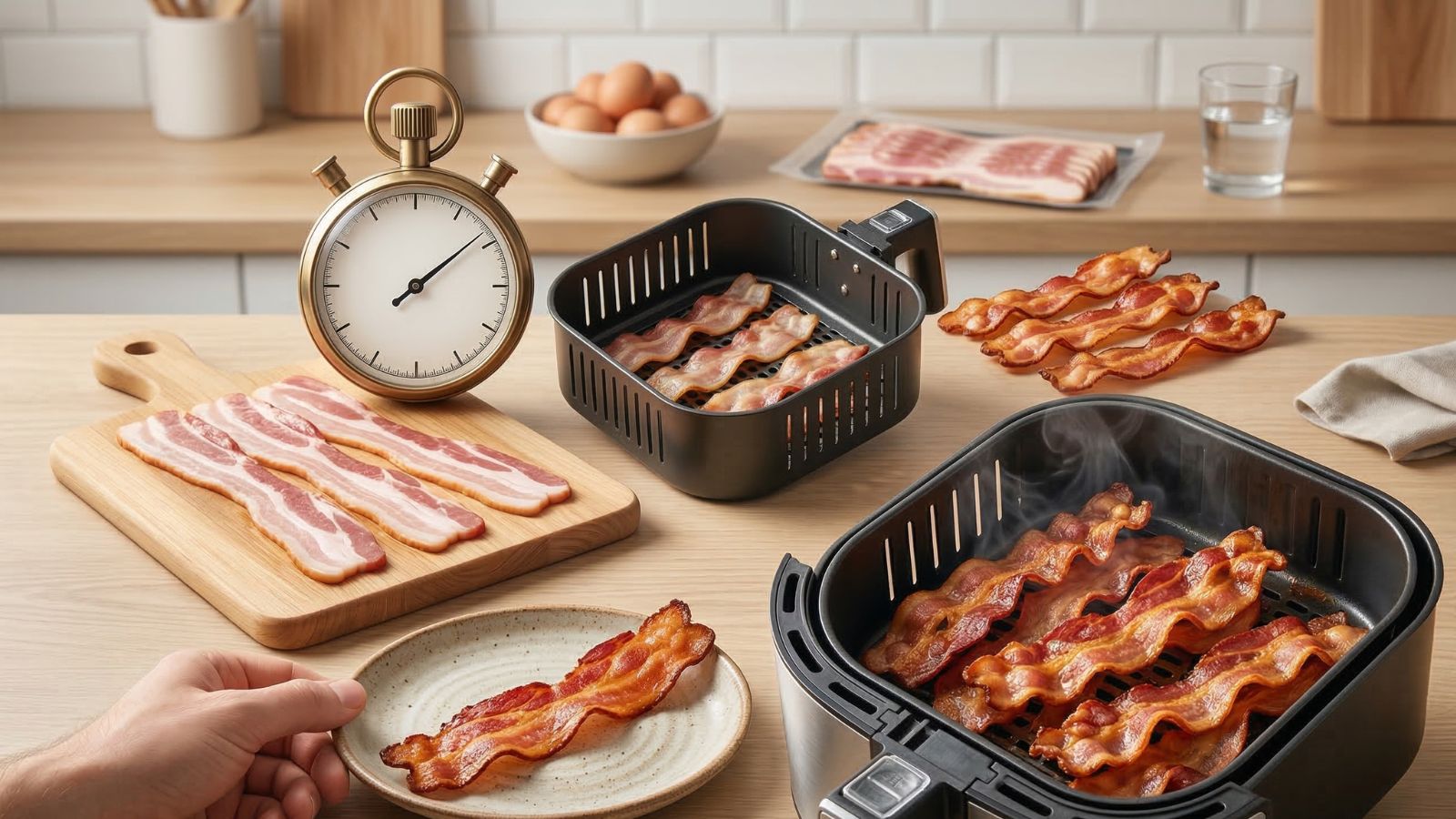 Bacon strips cooking in dual basket air fryer