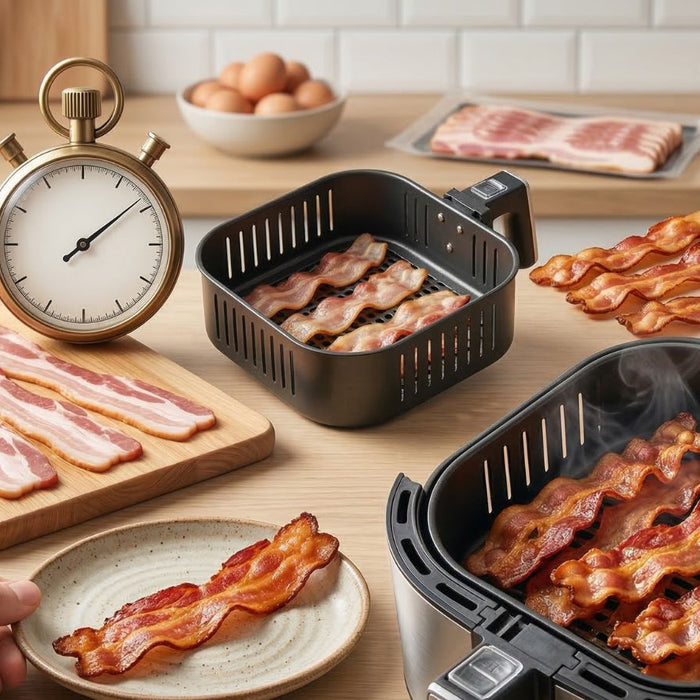 Bacon strips cooking in dual basket air fryer