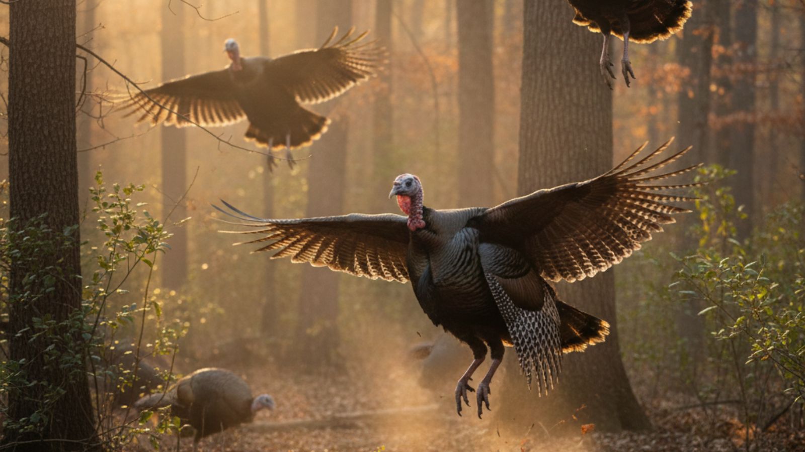 Wild turkeys flying low between trees in autumn forest