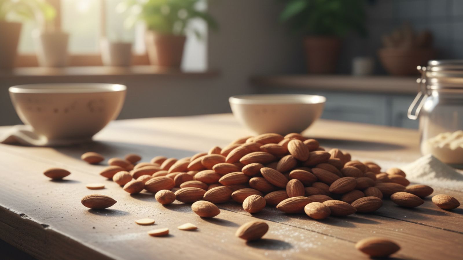 Pile of raw almonds on wooden table in warm sunlight