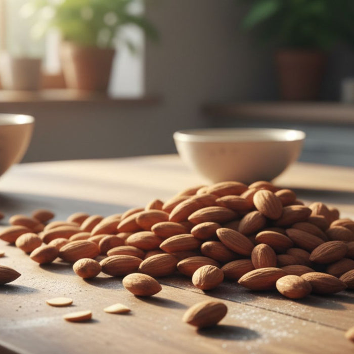 Pile of raw almonds on wooden table in warm sunlight