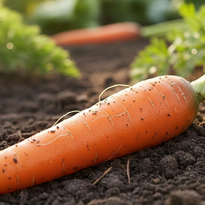 Fresh carrot partially pulled from soil in vegetable garden
