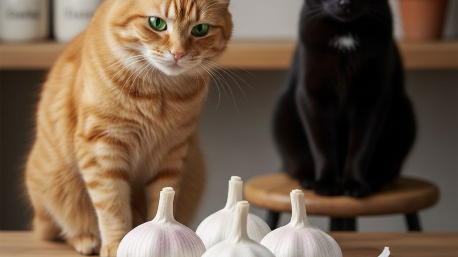 Orange and black cats sitting behind garlic bulbs on kitchen counter