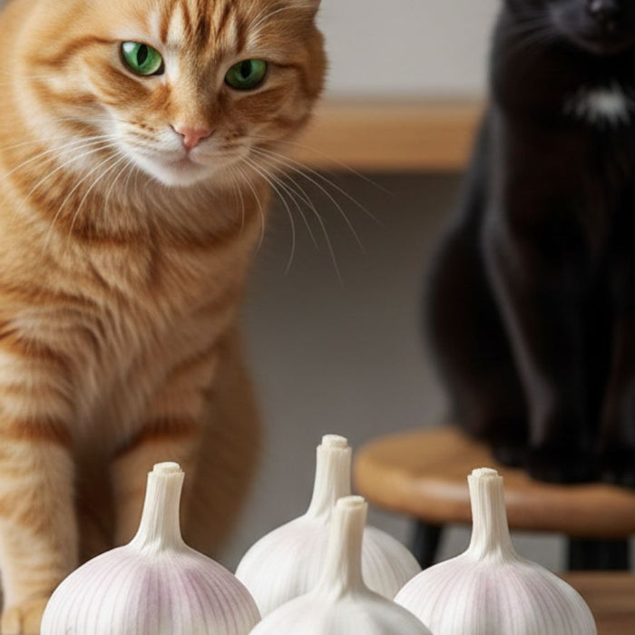 Orange and black cats sitting behind garlic bulbs on kitchen counter