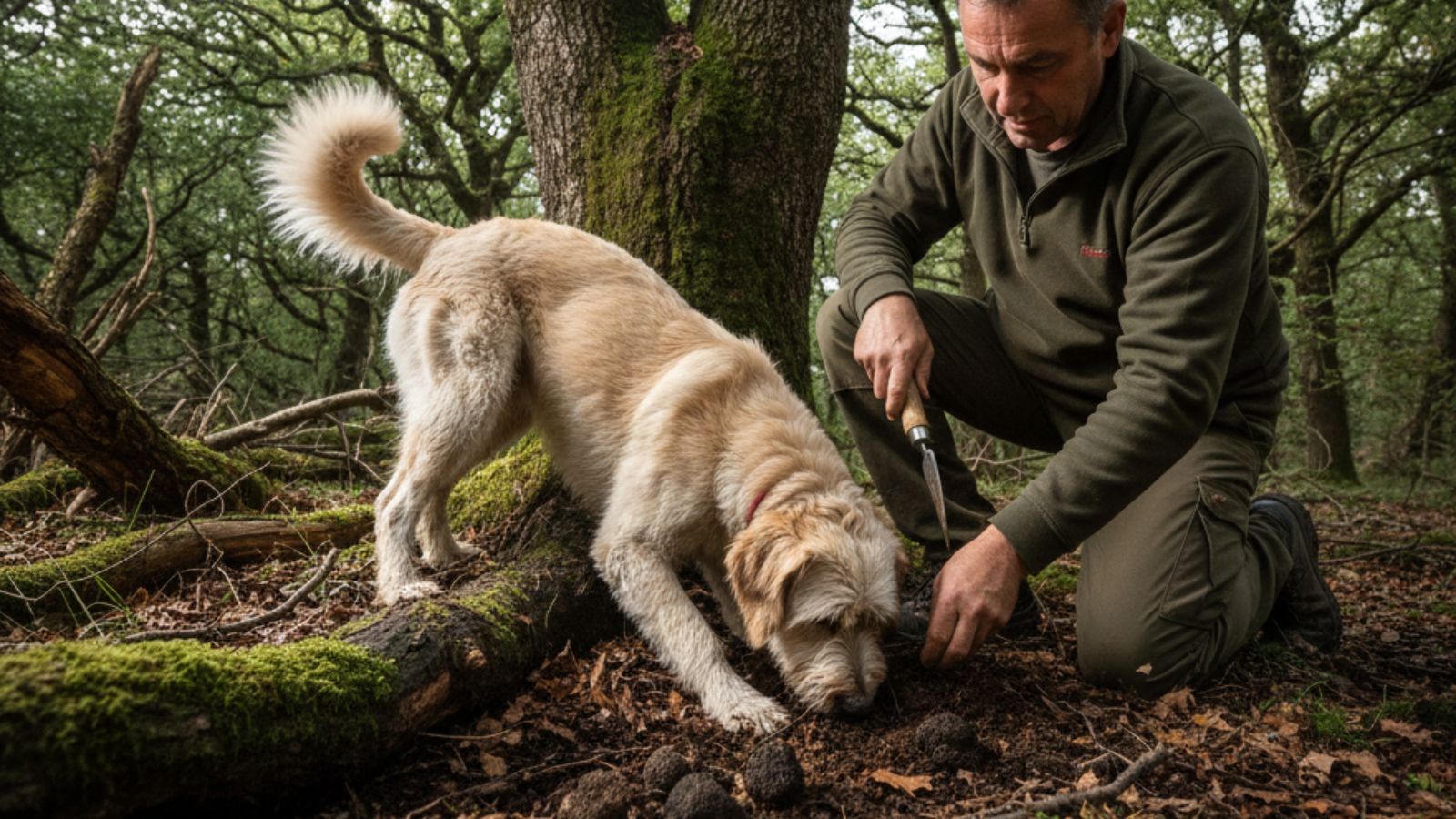 Man and dog hunting black truffles in forest soil