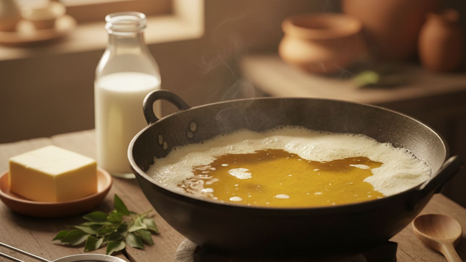 Ghee melting in pan with butter and milk nearby