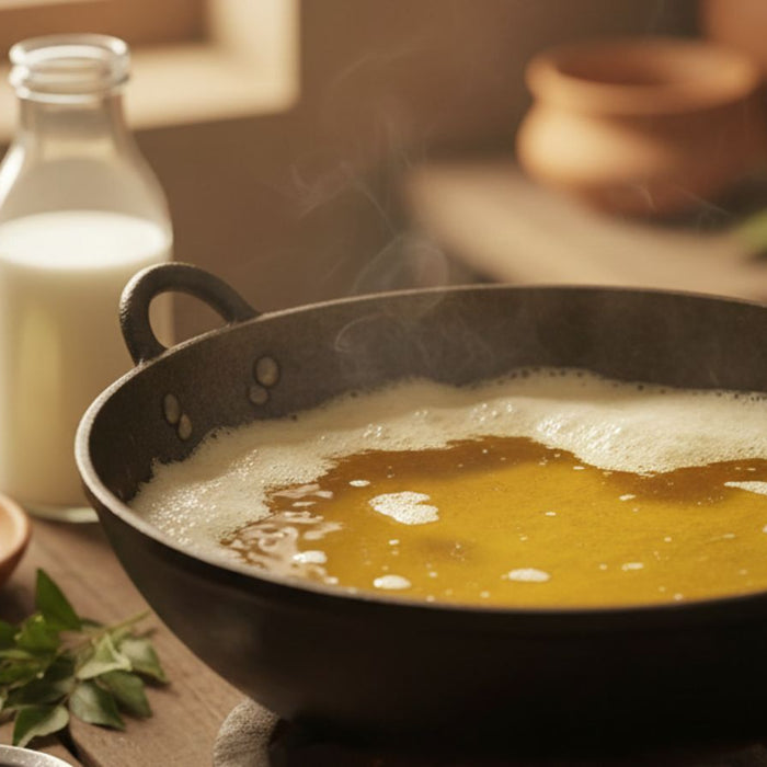 Ghee melting in pan with butter and milk nearby