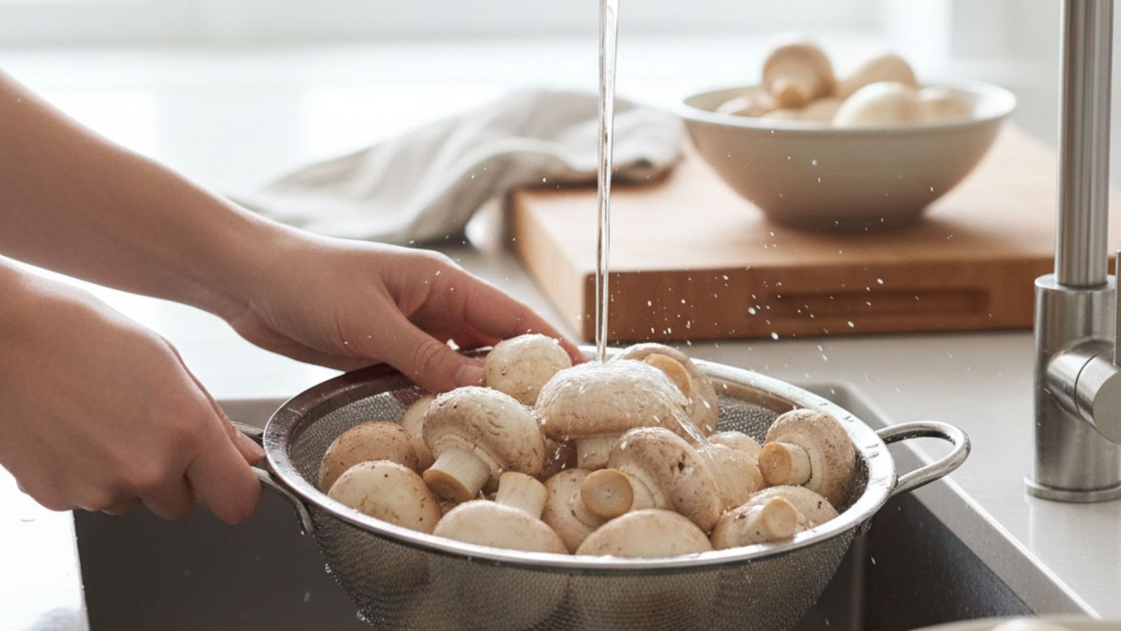 Hands rinse button mushrooms in a colander under running water