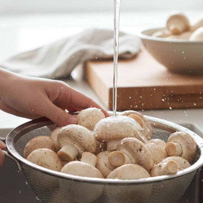 Hands rinse button mushrooms in a colander under running water