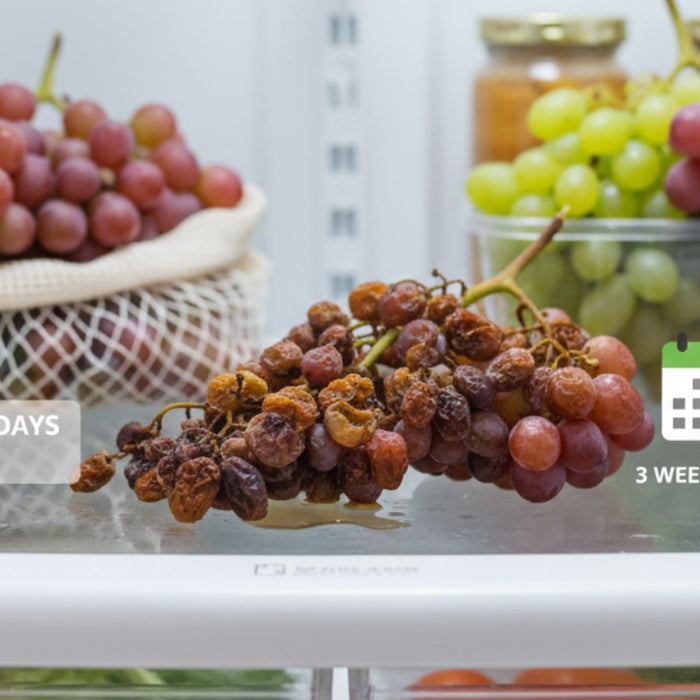 Fresh grapes compared with shriveled spoiled grapes over time