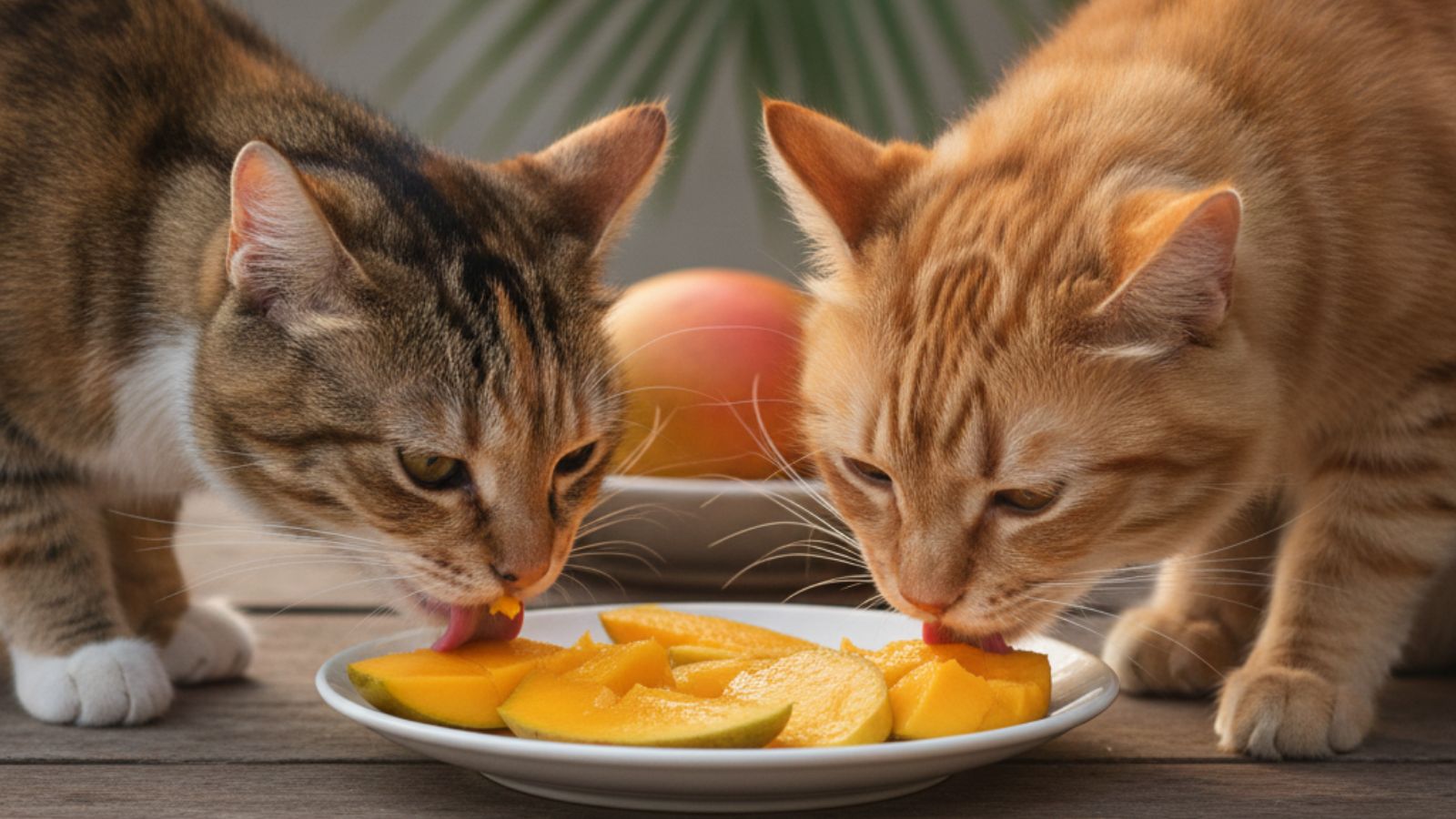 Two cats licking sliced mango pieces from plate on wooden table