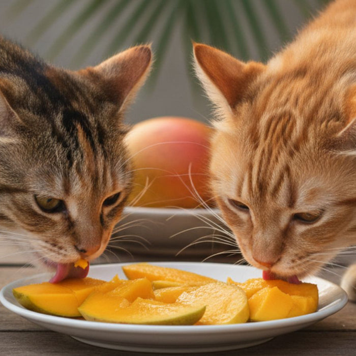 Two cats licking sliced mango pieces from plate on wooden table