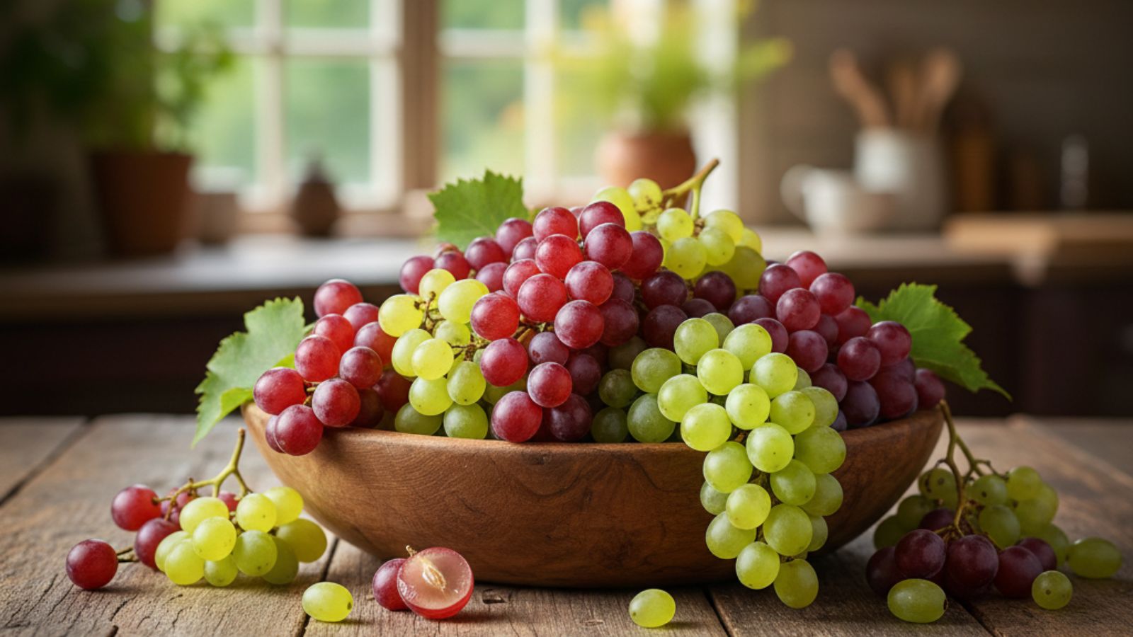 Wooden bowl filled with red and green grapes in cozy kitchen