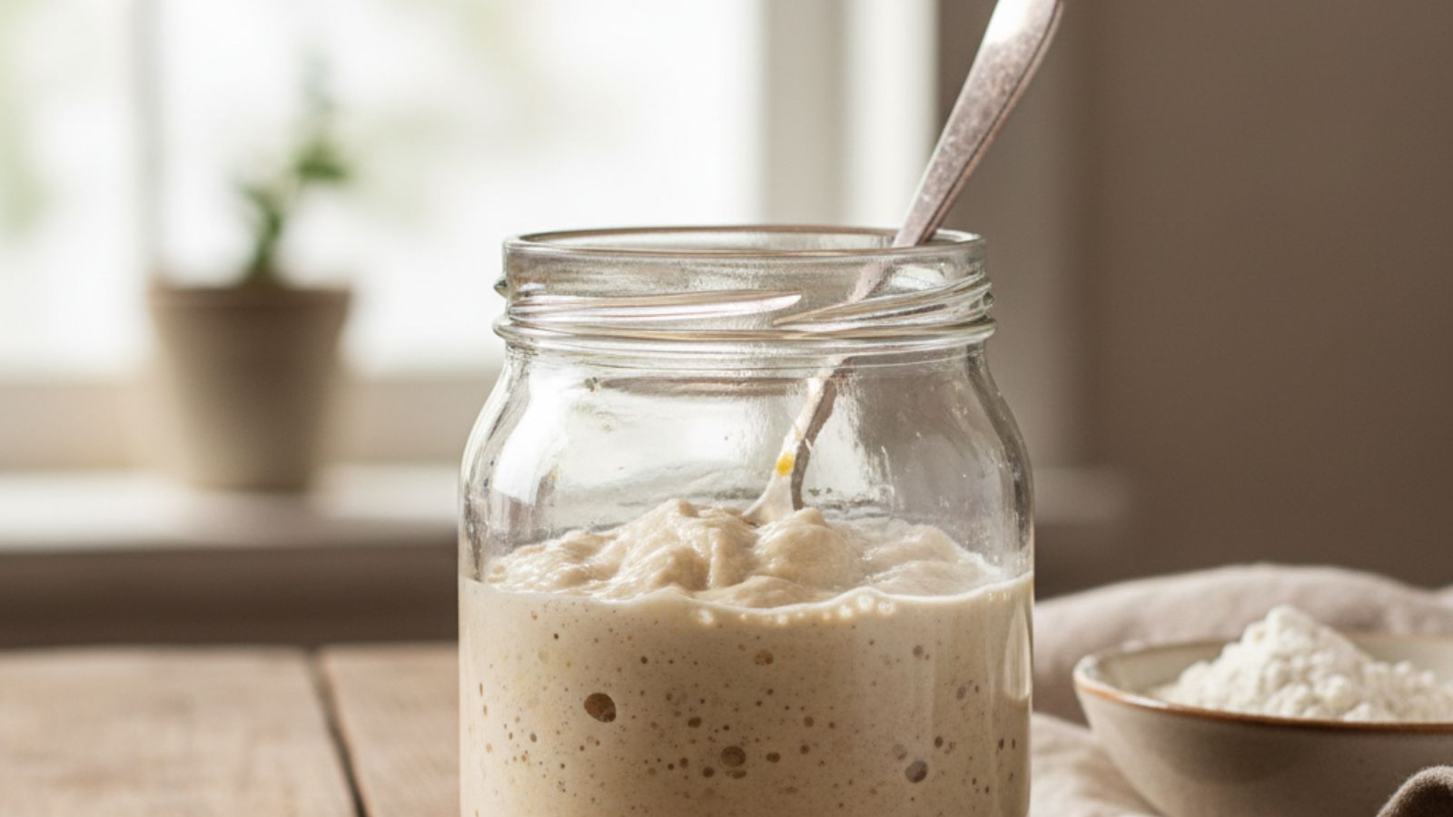 Active sourdough starter bubbling in glass jar