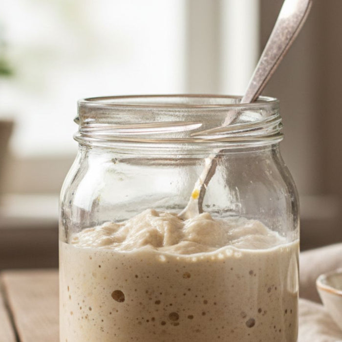 Active sourdough starter bubbling in glass jar