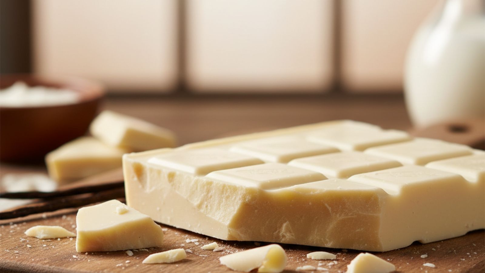 White chocolate bar with broken pieces on cutting board in kitchen