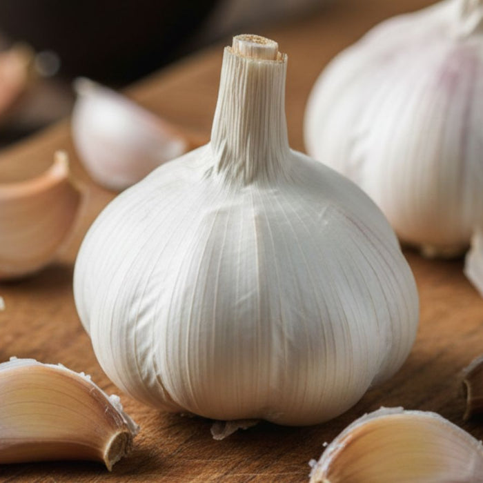 Fresh garlic bulbs and cloves on wooden table close-up view