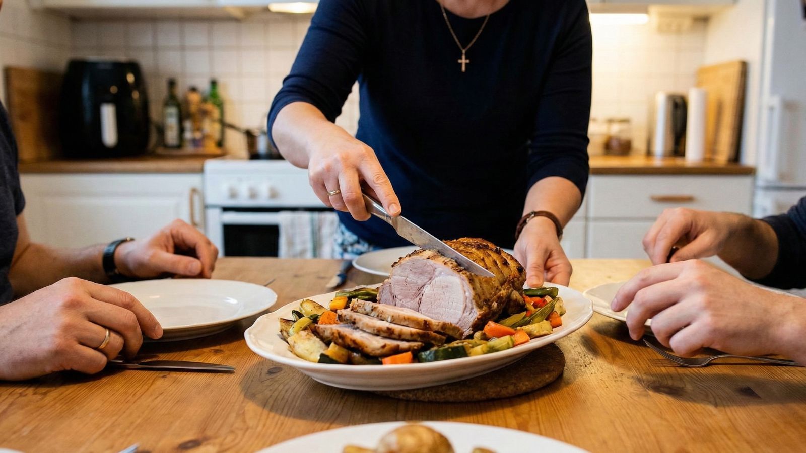 Family slicing roast pork with vegetables at dinner table