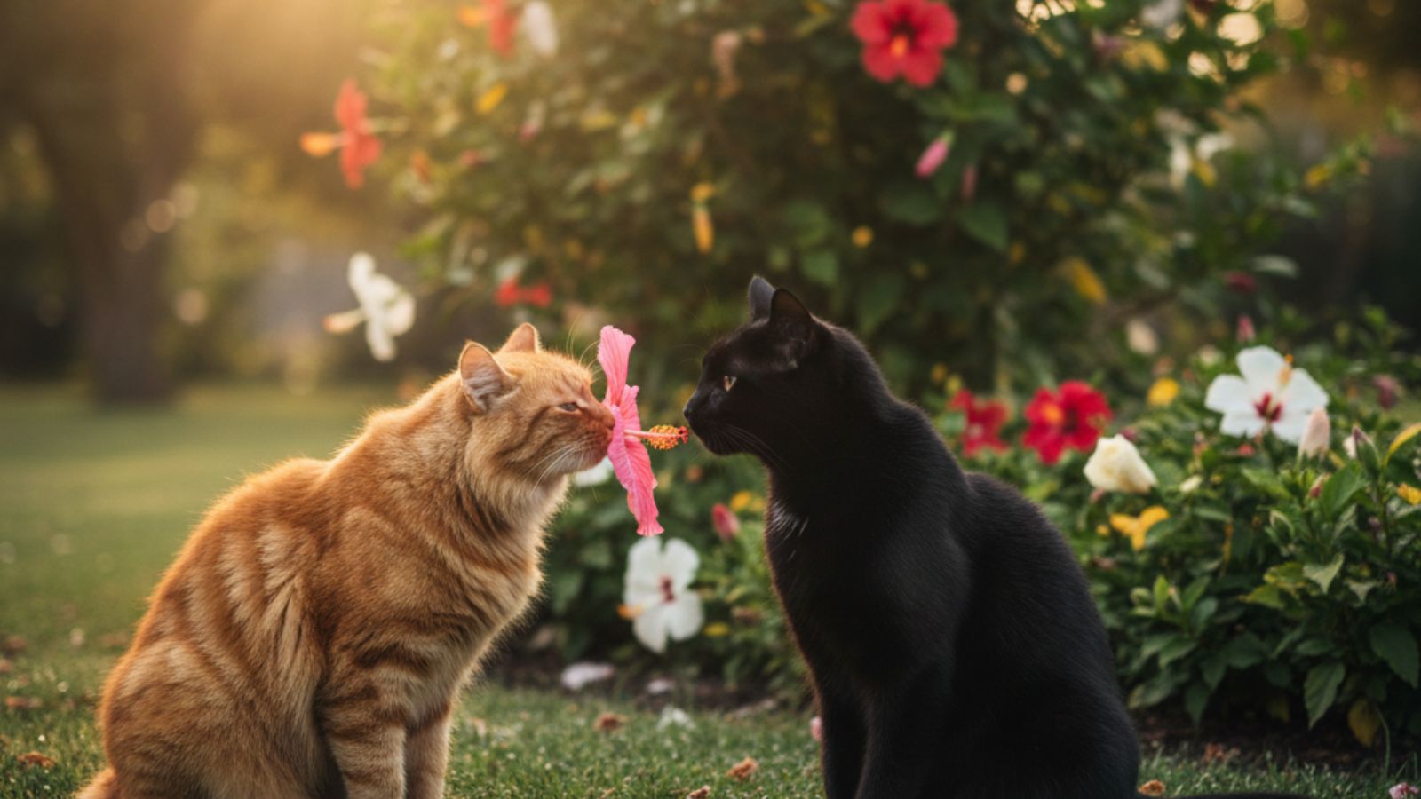 Orange and black cats touching noses with hibiscus flower