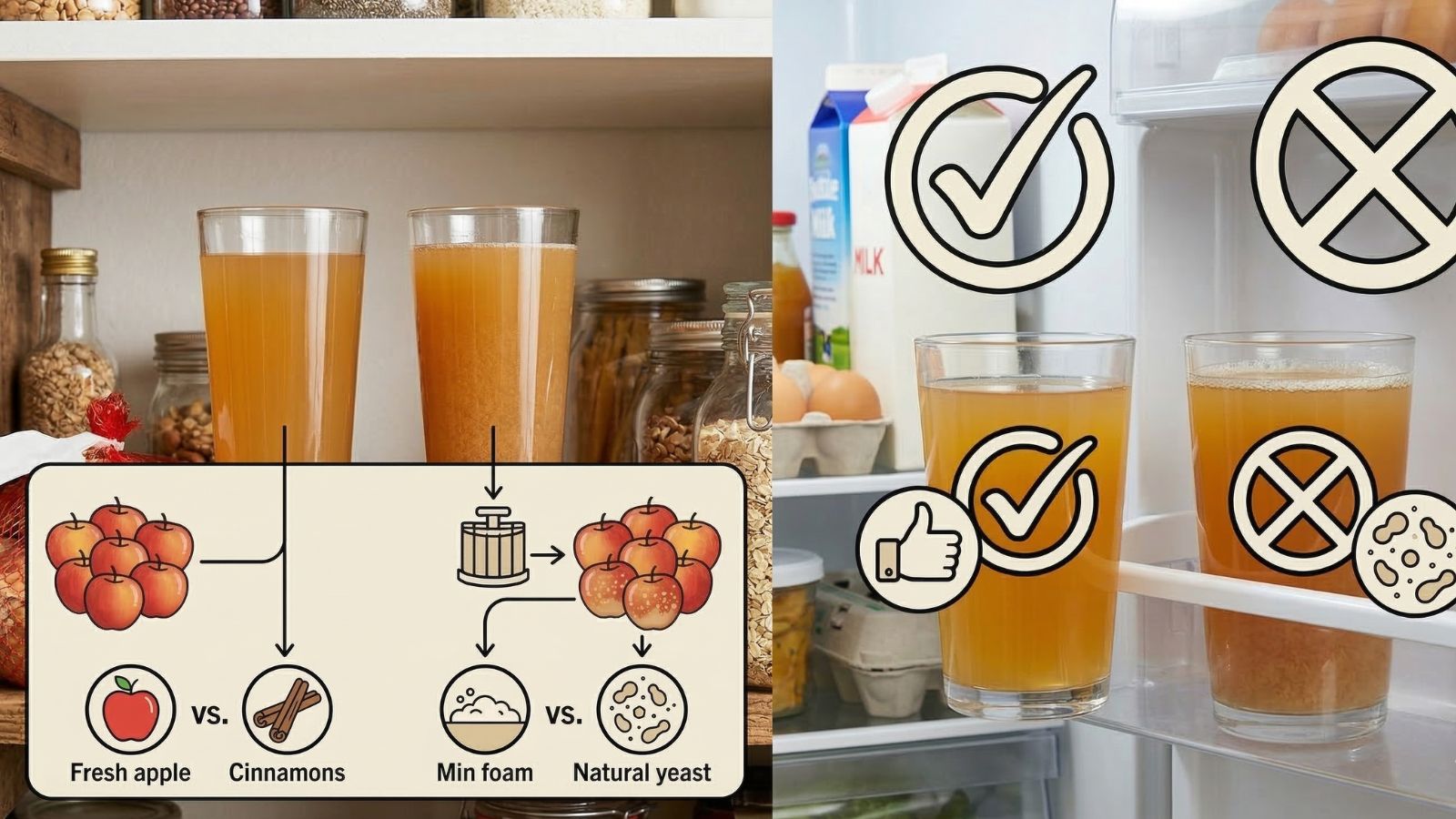 Apple cider and vinegar comparison with freshness and storage icons