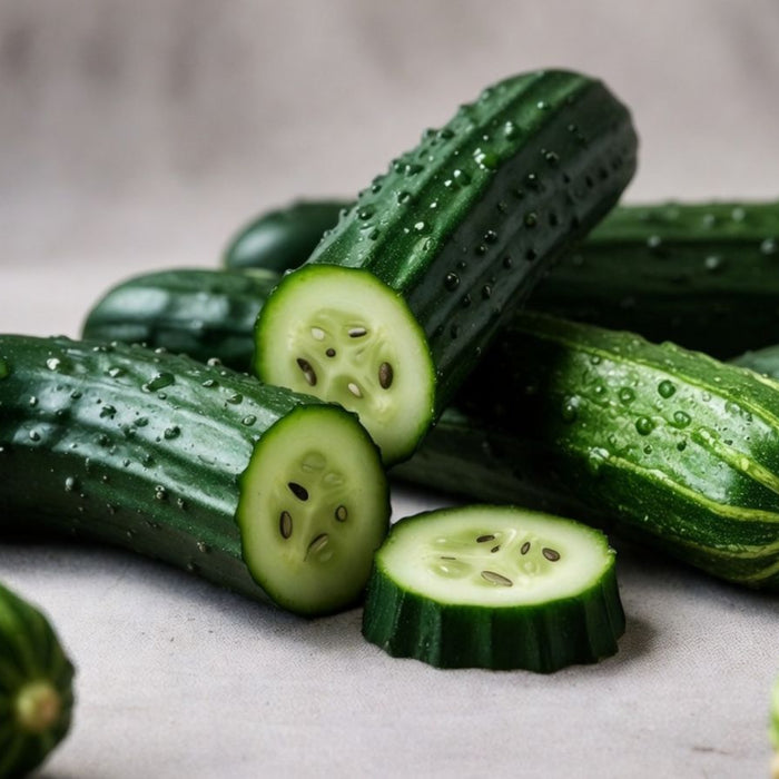 Fresh cucumbers with sliced pieces and water droplets on gray cloth