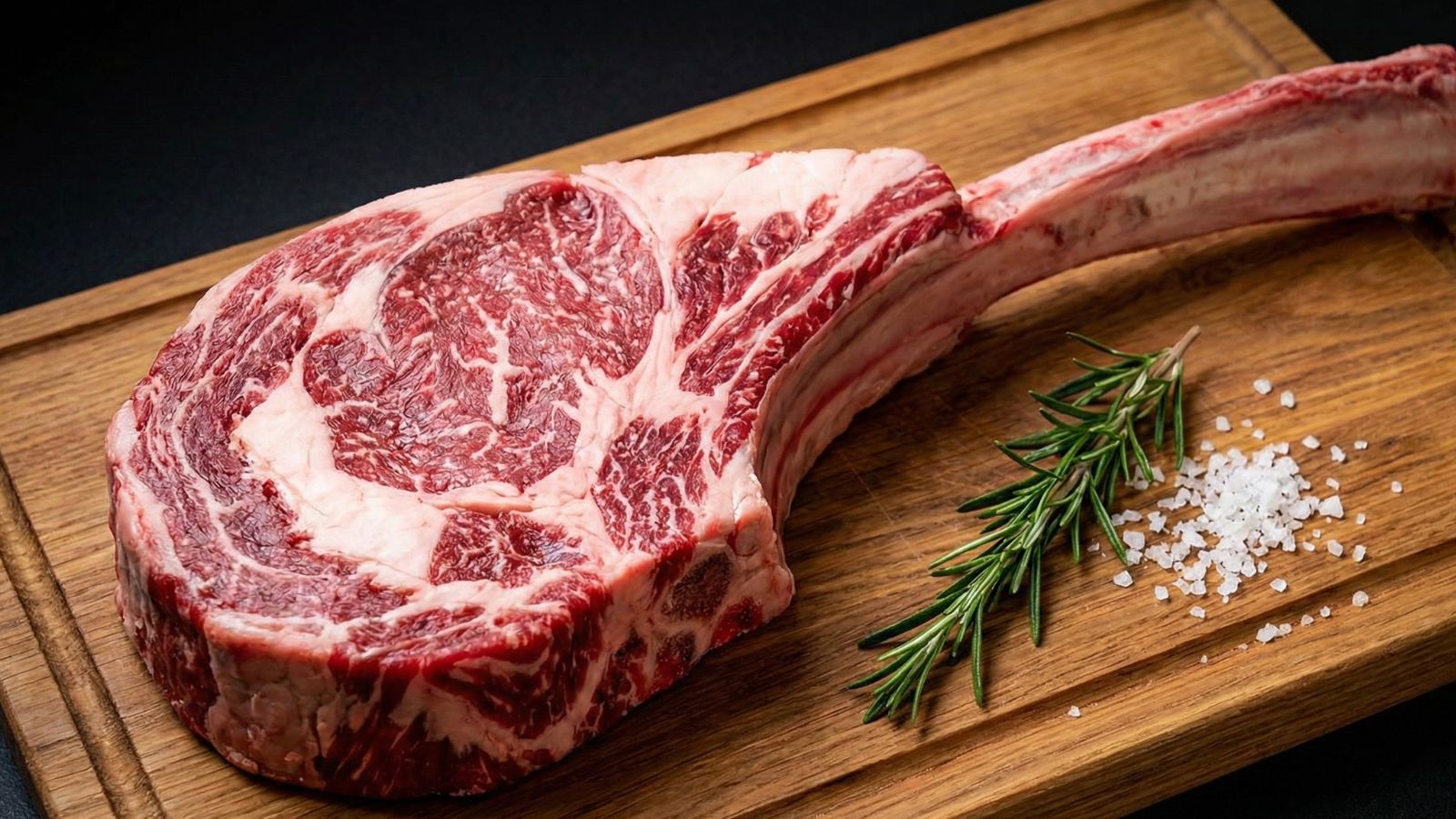 Raw tomahawk ribeye steak with rosemary and coarse salt on board