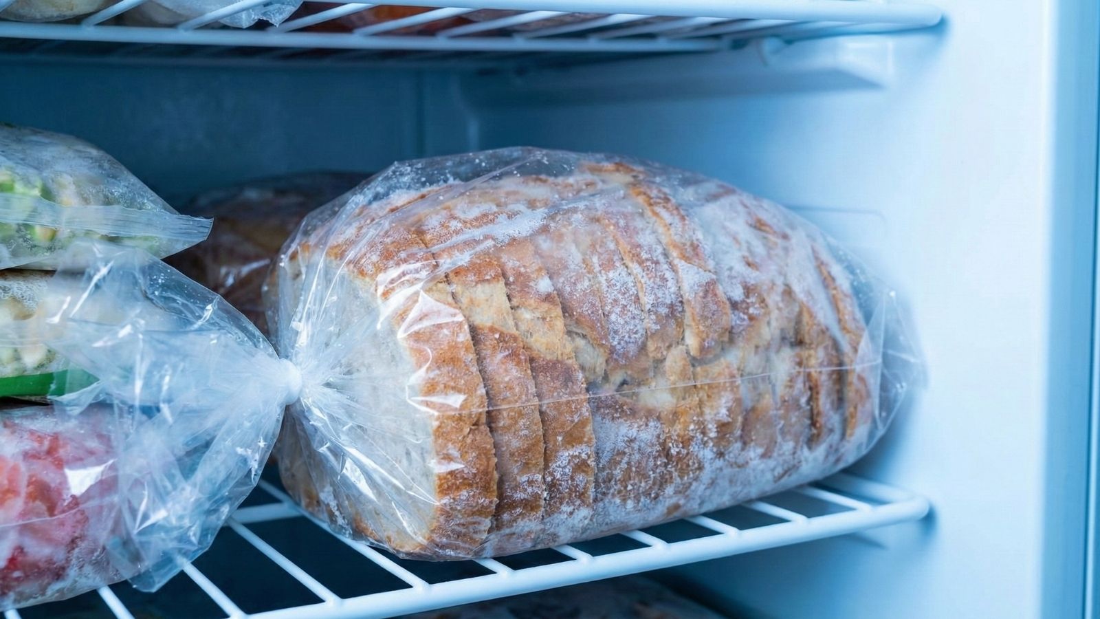 Sliced bread loaf sealed in plastic bag inside freezer shelf