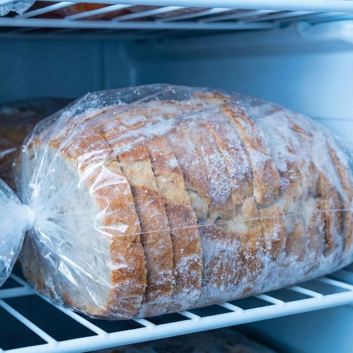 Sliced bread loaf sealed in plastic bag inside freezer shelf