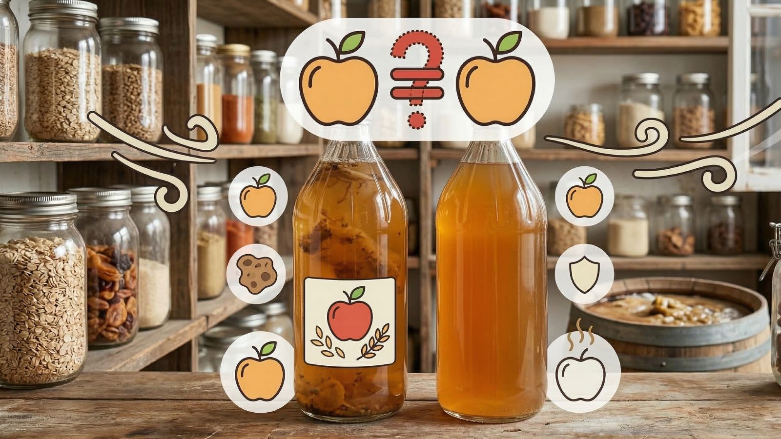 Apple cider vinegar bottles with icons comparing clear and spoiled ACV