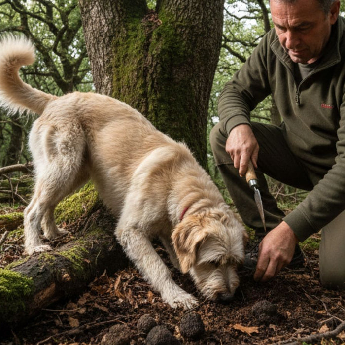 Man and dog hunting black truffles in forest soil