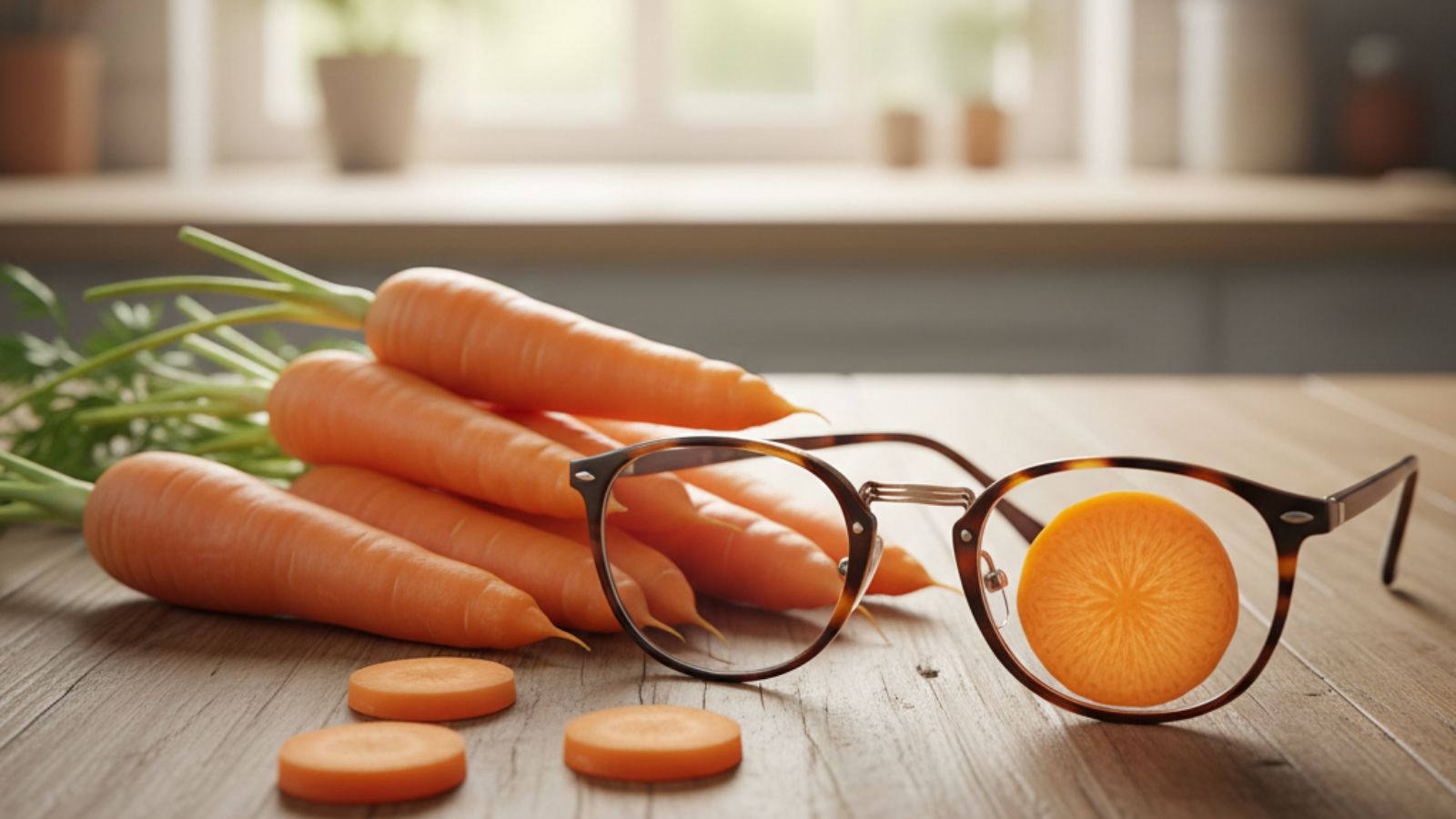 Carrots on table with eyeglasses and carrot slice in lens