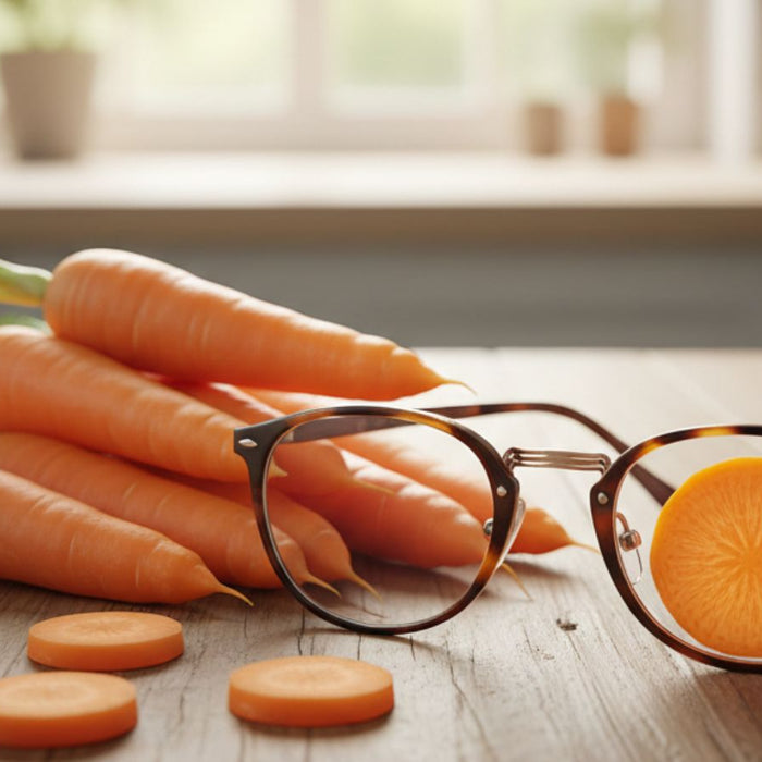 Carrots on table with eyeglasses and carrot slice in lens