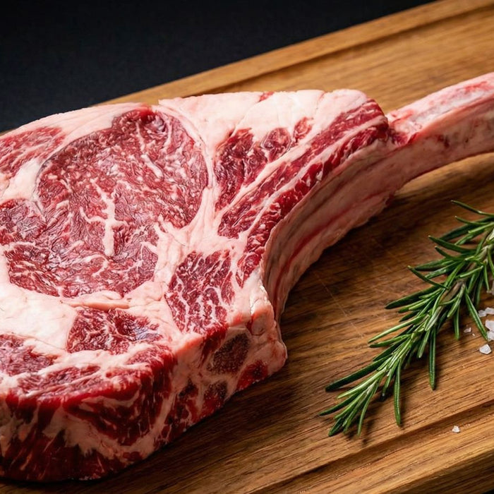 Raw tomahawk ribeye steak with rosemary and coarse salt on board