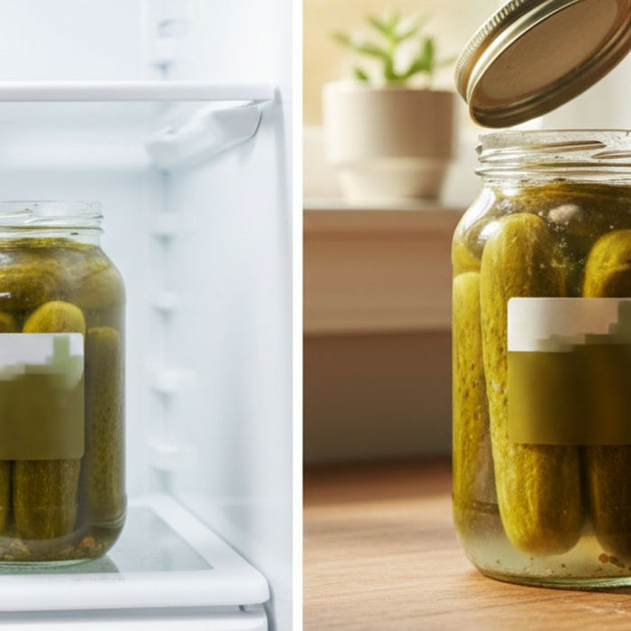 Jar of pickles stored in refrigerator next to leafy greens
