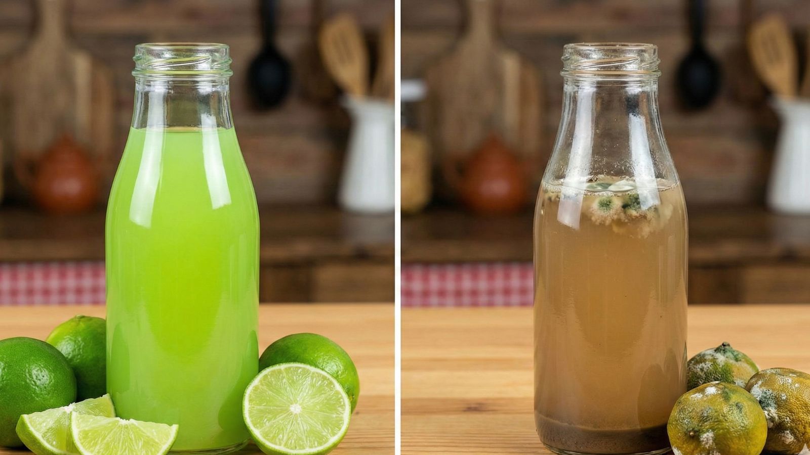 Fresh lime juice bottle beside moldy lime juice comparison
