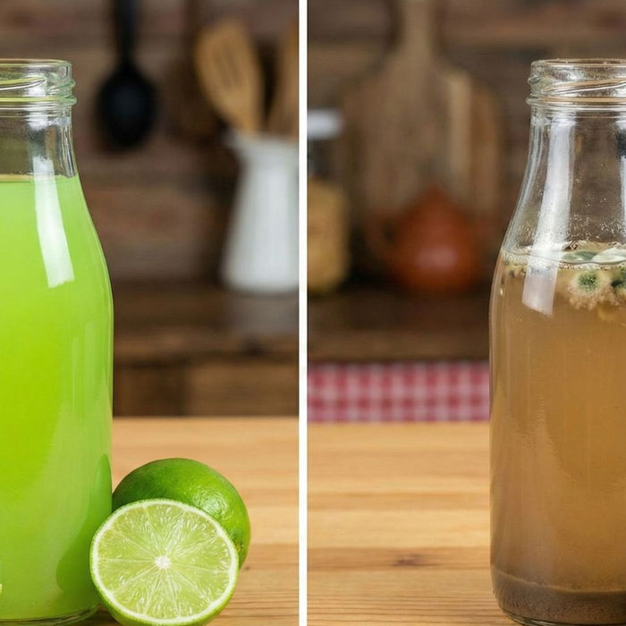 Fresh lime juice bottle beside moldy lime juice comparison
