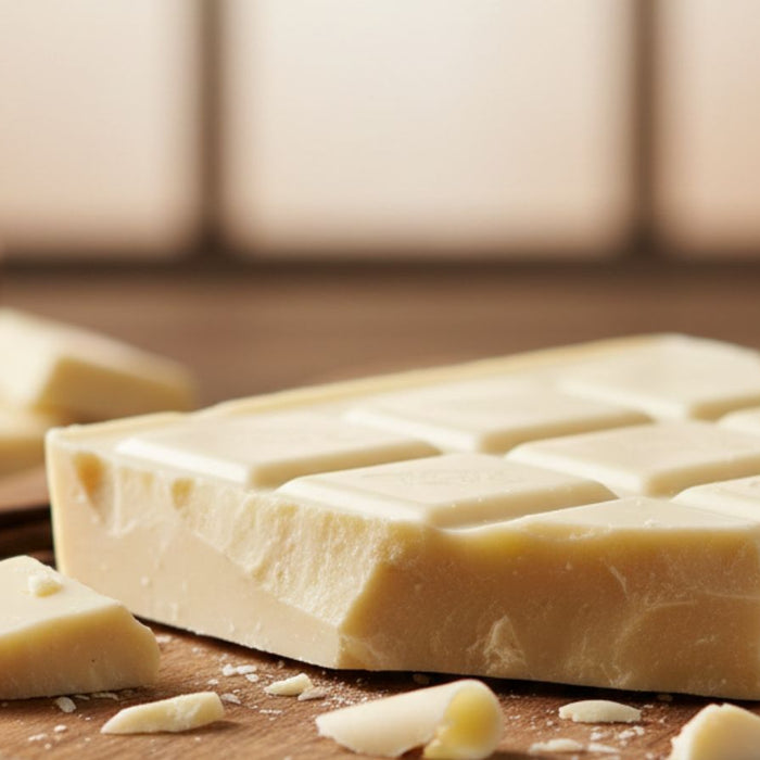 White chocolate bar with broken pieces on cutting board in kitchen