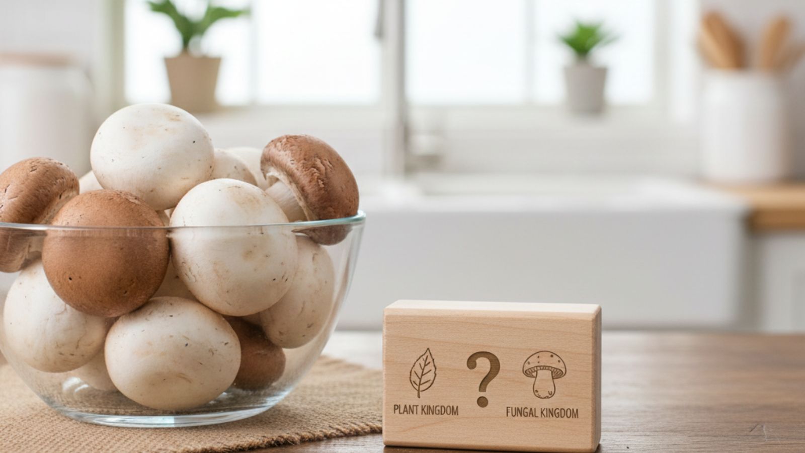 Mushrooms in glass bowl beside block asking plant or fungal kingdom ID