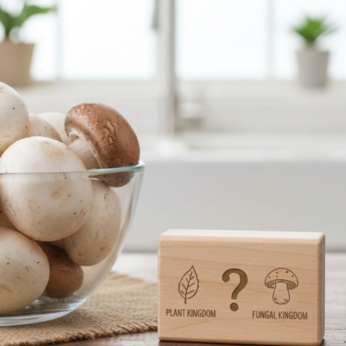 Mushrooms in glass bowl beside block asking plant or fungal kingdom ID