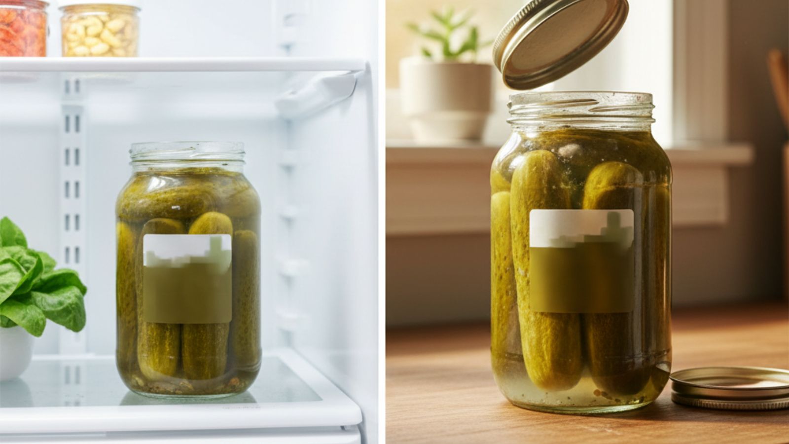 Jar of pickles stored in refrigerator next to leafy greens