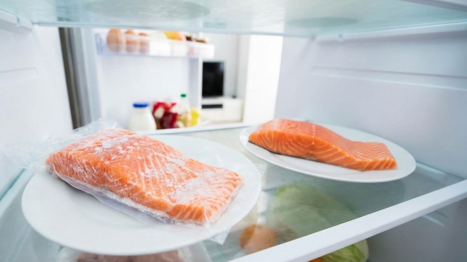 Fresh and frozen salmon fillets on plates inside open refrigerator