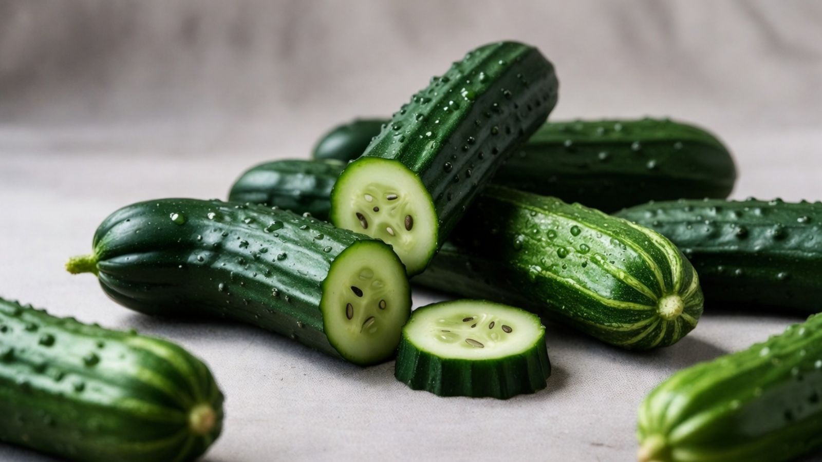 Fresh cucumbers with sliced pieces and water droplets on gray cloth