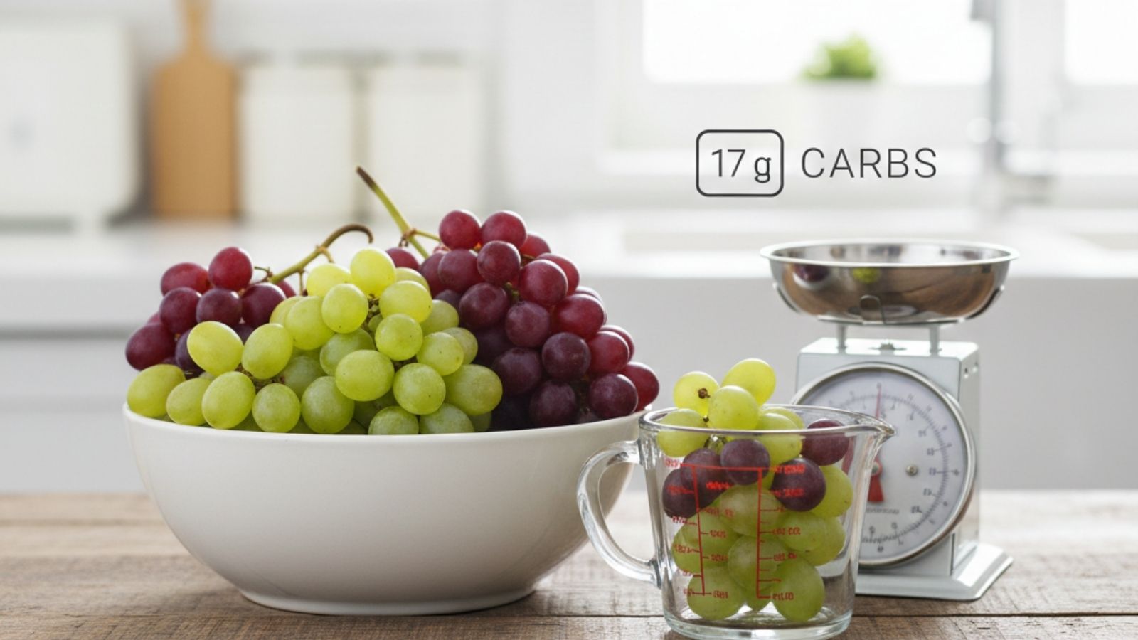 Bowl of grapes with measuring cup and scale showing carb content